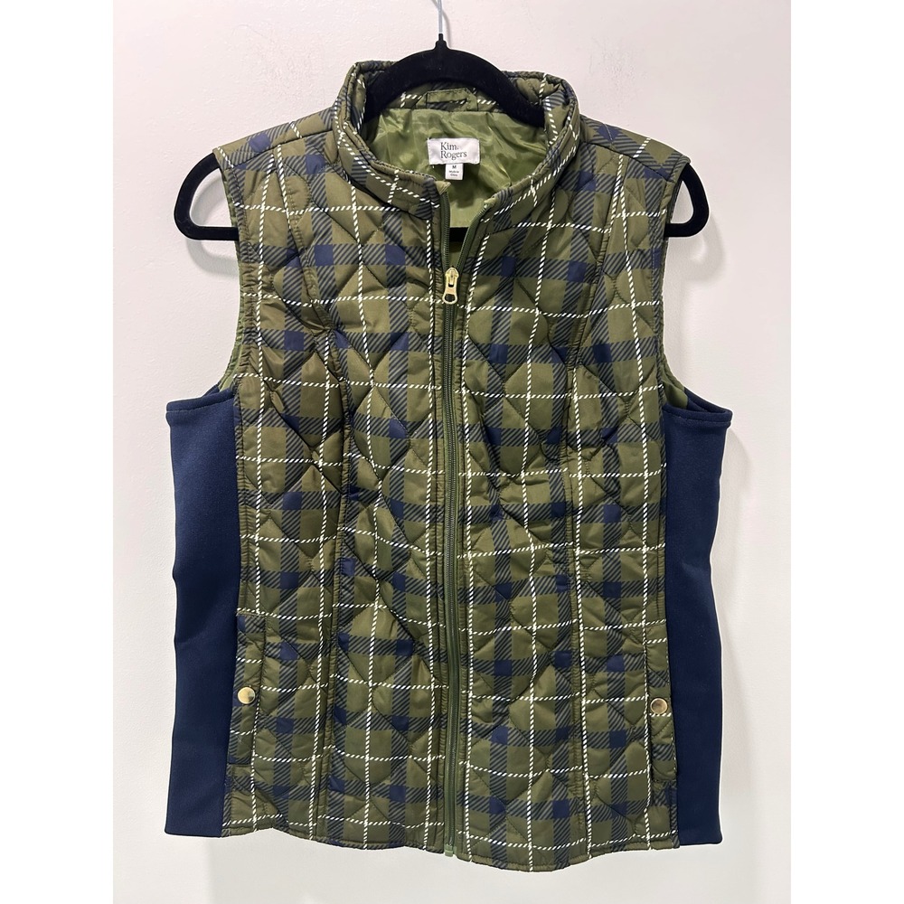 Kim Rogers Womens Green Navy Blue Plaid Quilted Puffer Vest Ribbed Sides Medium